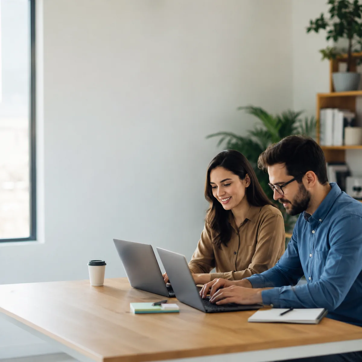 Dos personas colaborando en laptops, diseñando una experiencia de aprendizaje con B-humano